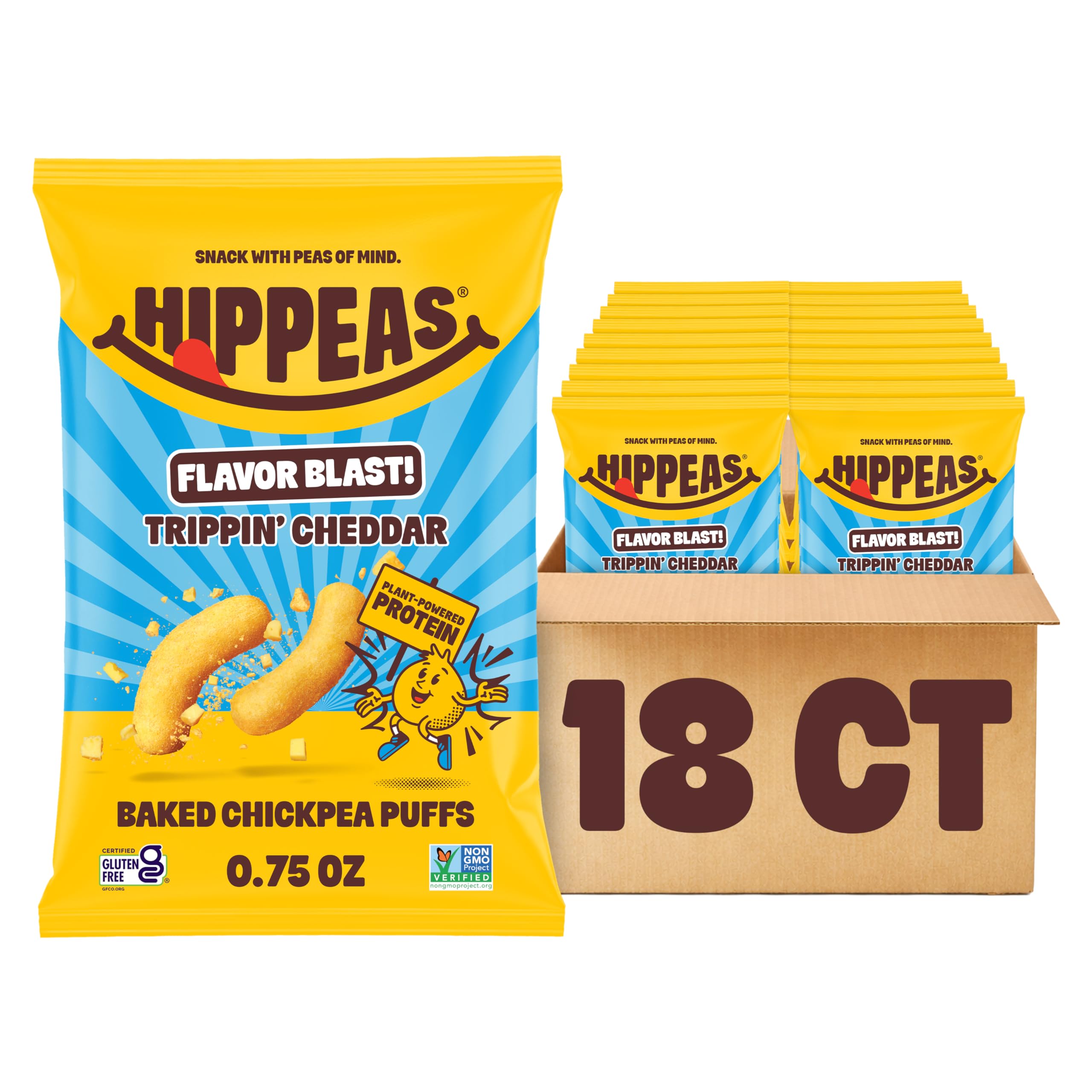 Hippeas frente del empaque mostrando sabor Trippin’ Cheddar y beneficio práctico