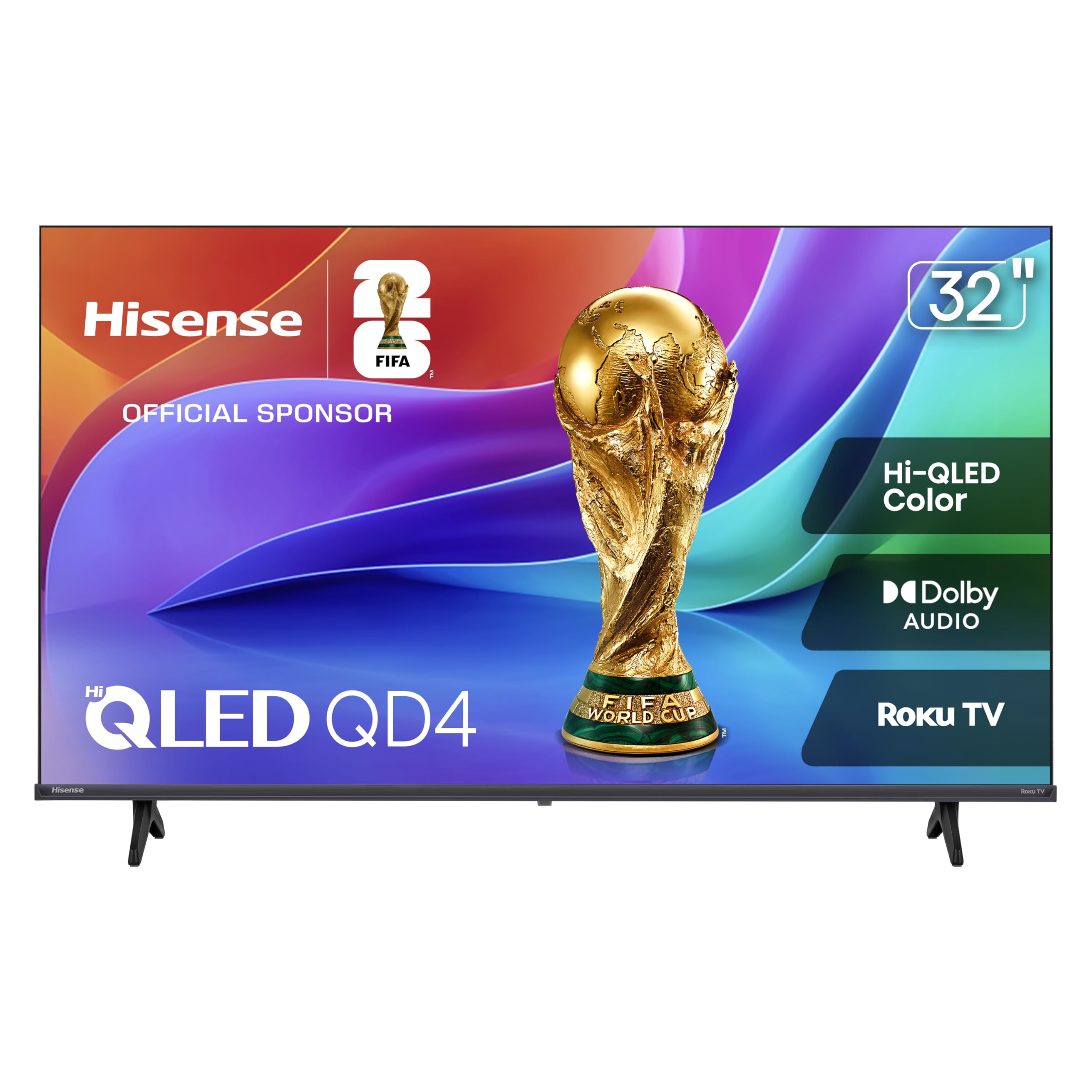 Hisense front view showing slim bezel and compact 32-inch screen for space-saving setups