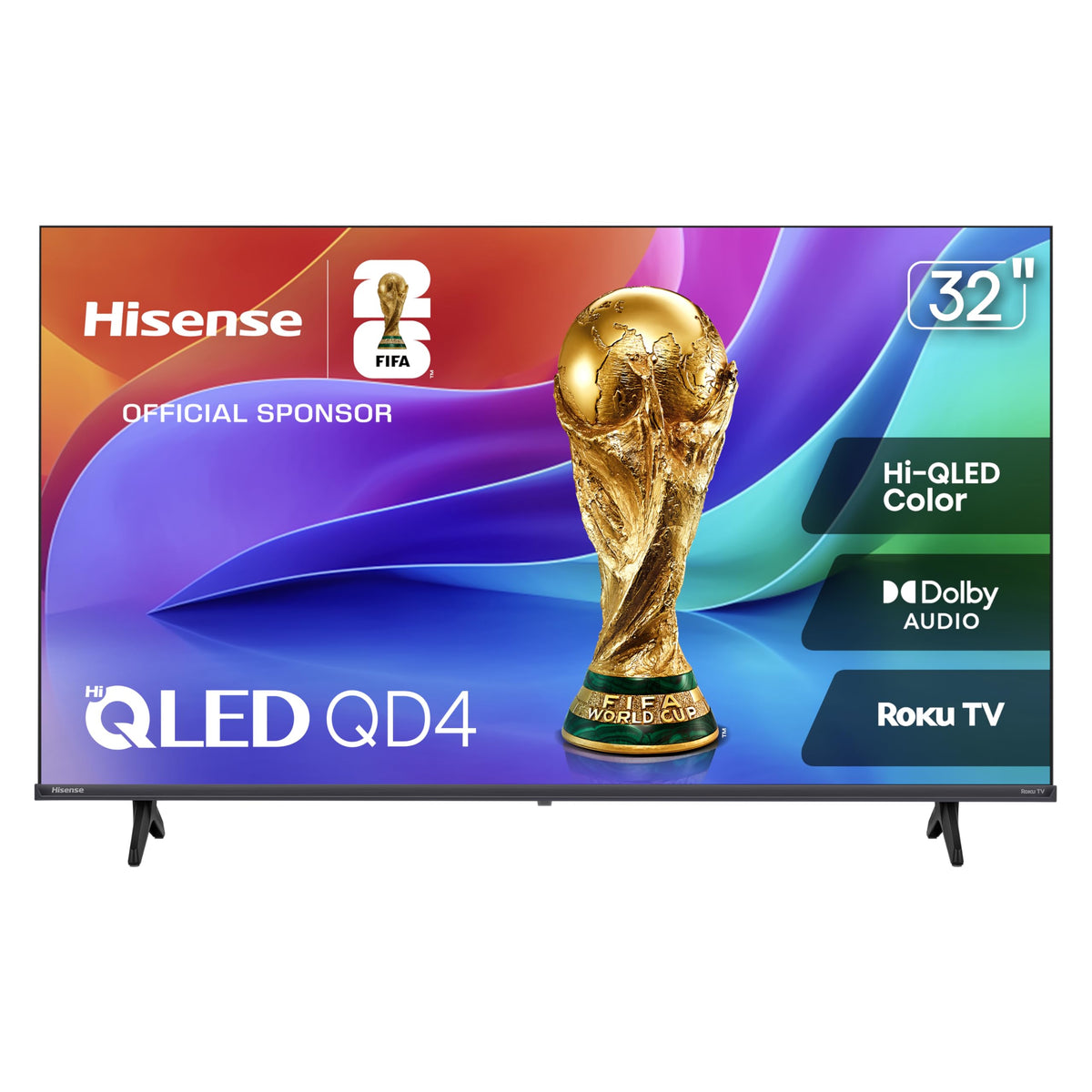 Hisense front view showing slim bezel and compact 32-inch screen for space-saving setups