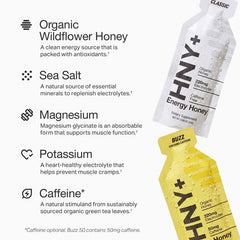Etiqueta HNY+ con lista de ingredientes orgánicos y electrolitos clara