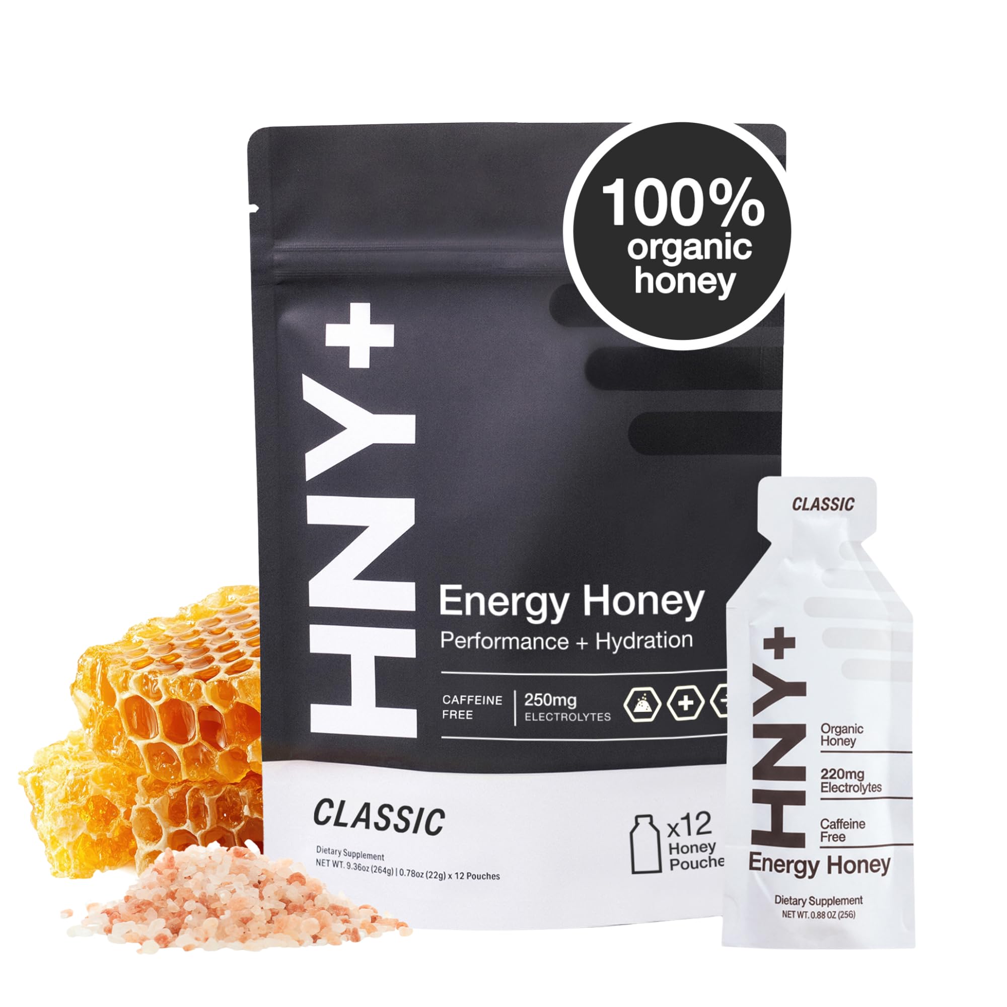 HNY+ envase frontal mostrando 12 sobres, conveniencia y energía orgánica