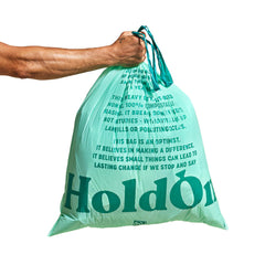 HoldOn front packaging showing box of 40 compostable tall bags with clear labeling and benefits