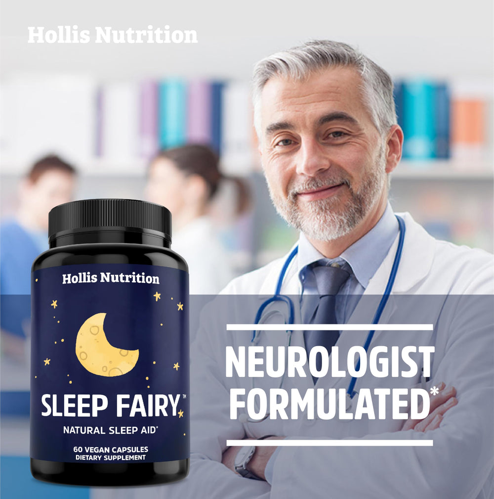 Hollis Nutrition frasco junto a lámpara de noche indicando uso antes de dormir