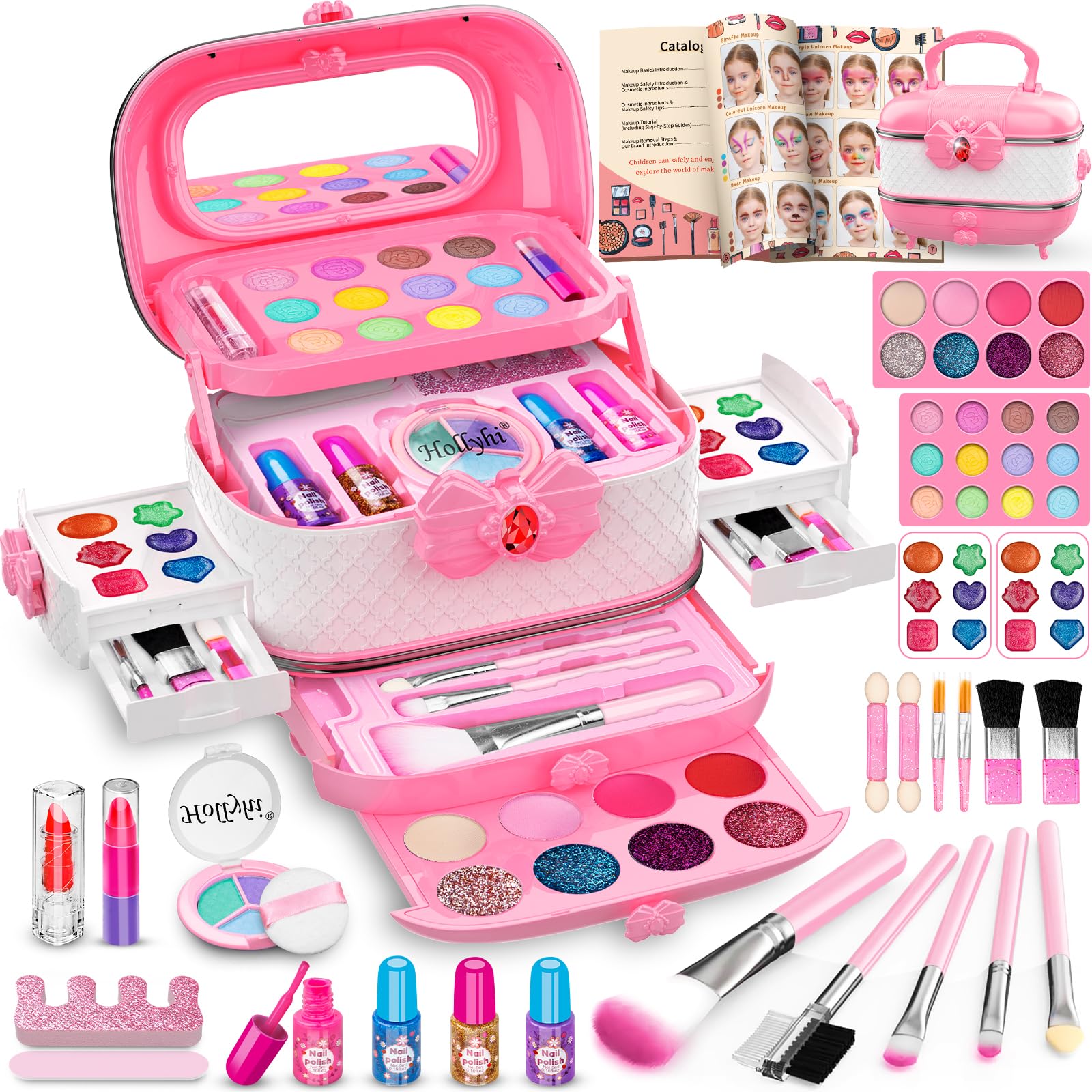 hollyhi estuche frontal rosado con espejo y asa, práctico para transportar