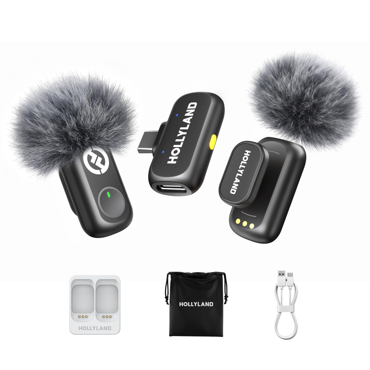 Hollyland Lark A1 frontal y accesorios mostrando todo el kit