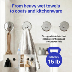 HOME SO hook supporting a bath towel to demonstrate 15 lb weight capacity