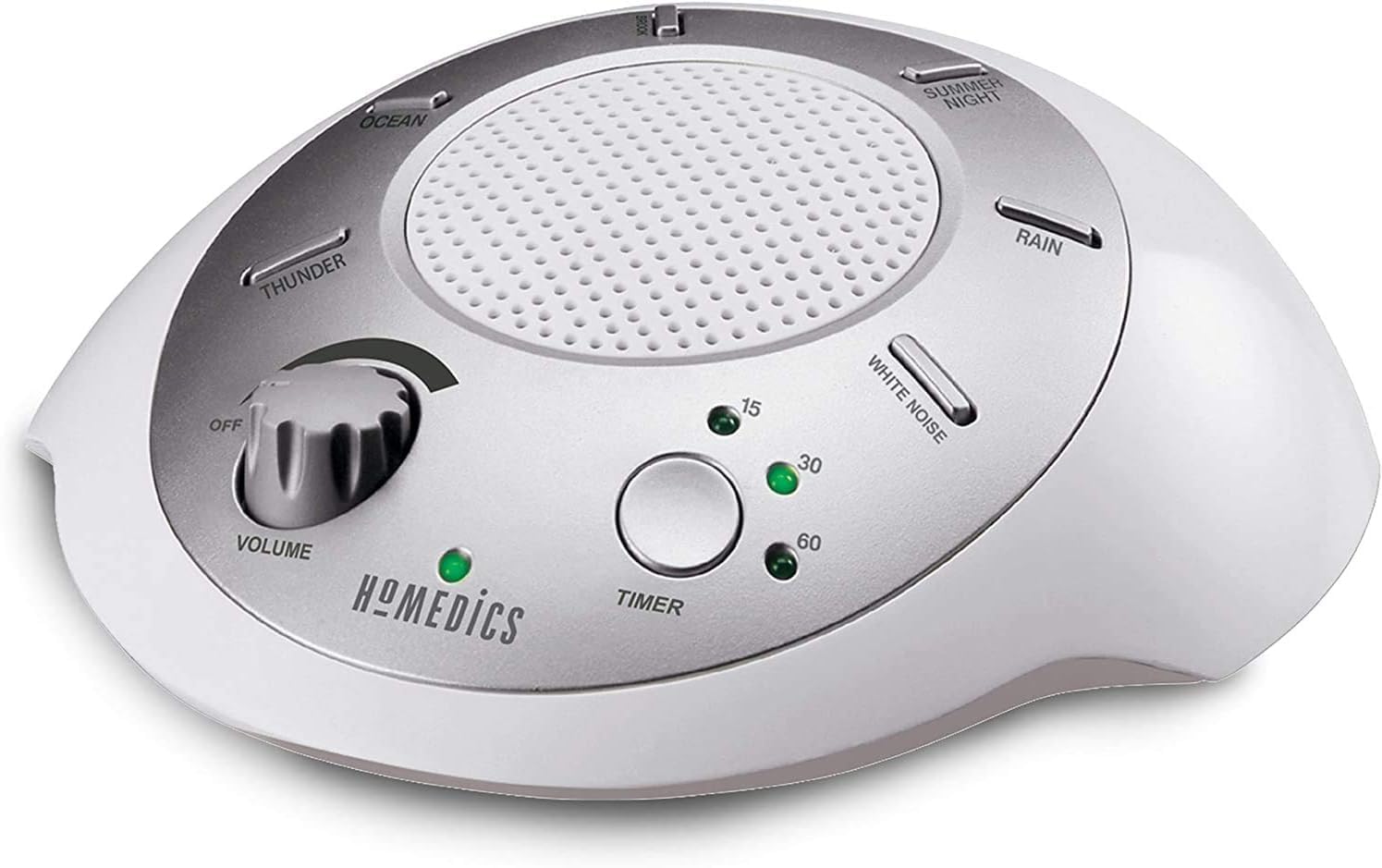 Homedics SoundSleep vista frontal plateada mostrando controles y diseño compacto para ahorro de espacio