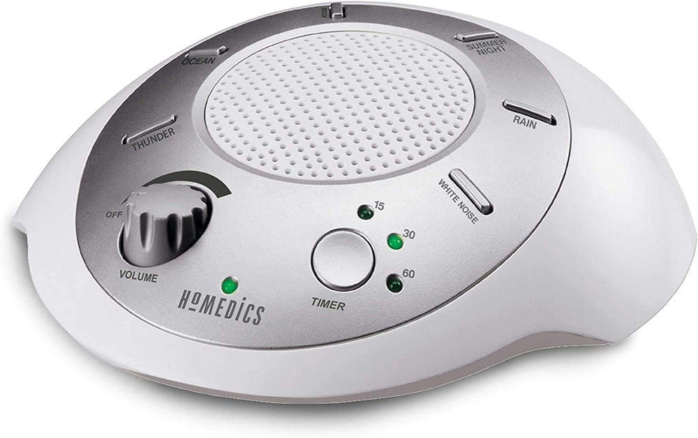 Homedics SoundSleep vista frontal plateada mostrando controles y diseño compacto para ahorro de espacio