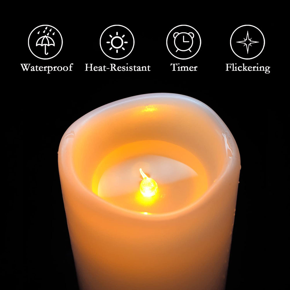 Homemory velas encendidas en un porche creando ambiente cálido sin llama real