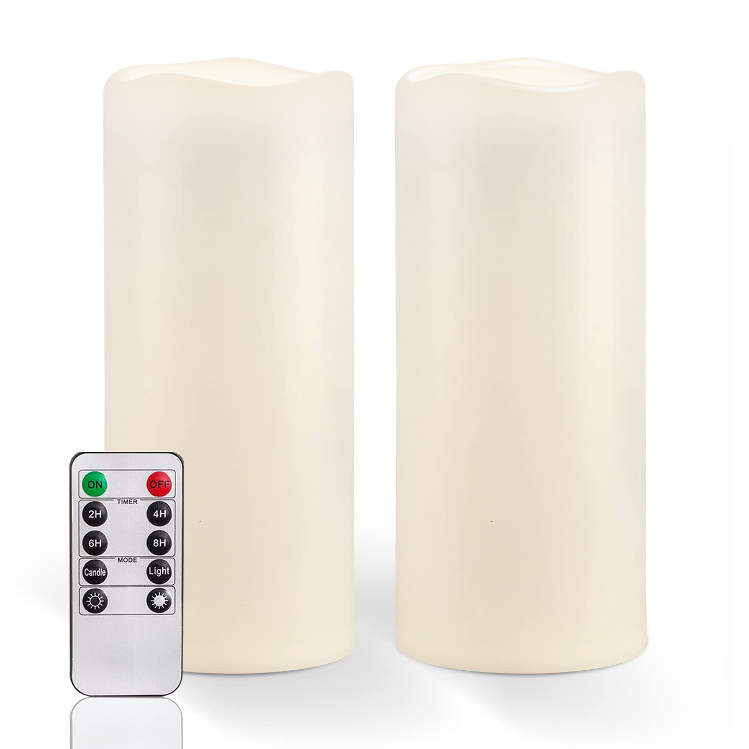 Homemory velas pack frontal mostrando dos pilares LED impermeables, iluminación segura