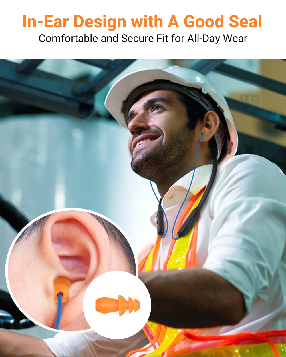 HomeSpot auriculares en uso con casco laboral mostrando compatibilidad y seguridad