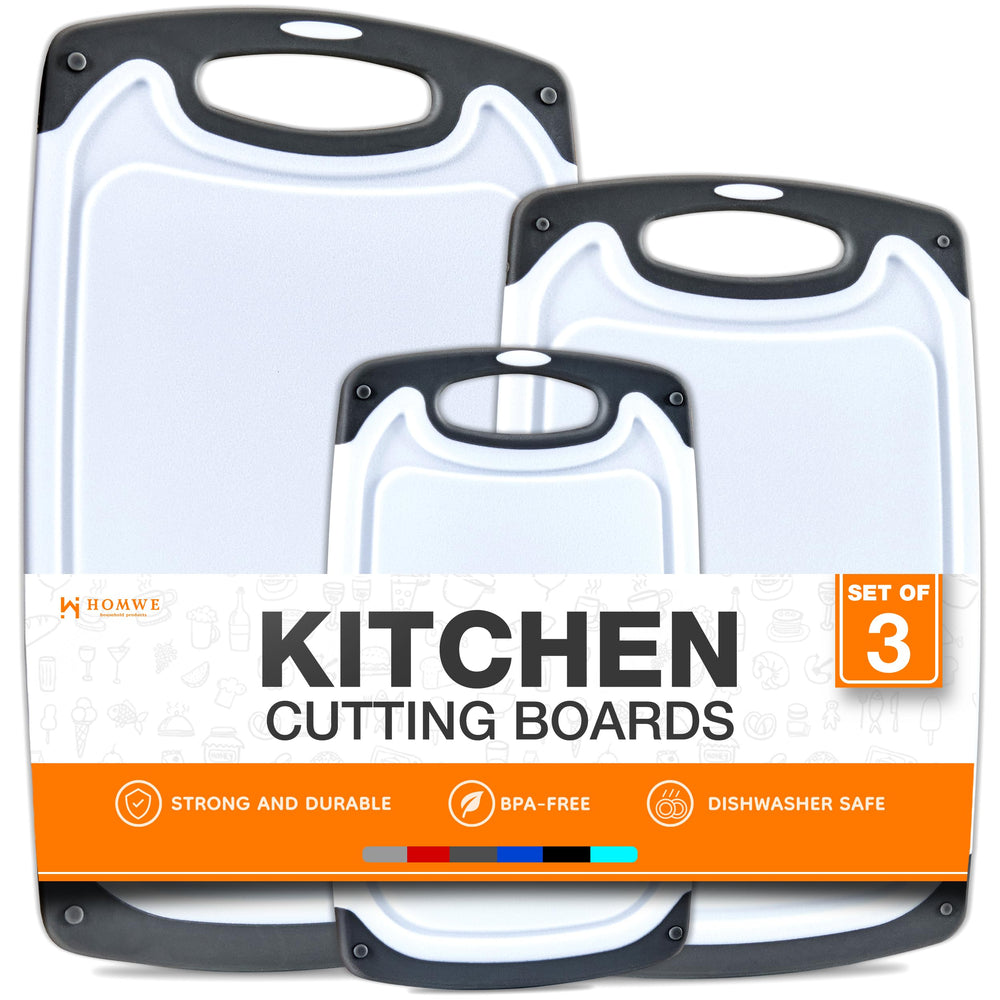 HOMWE front view of three gray cutting boards showing size variety and organization benefit