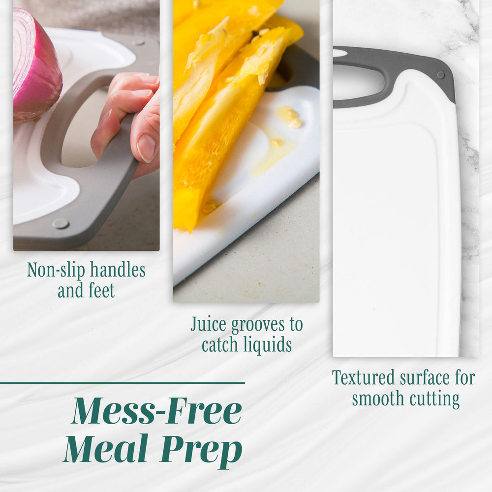 HOMWE board in use chopping meat demonstrating stability and easy cleanup