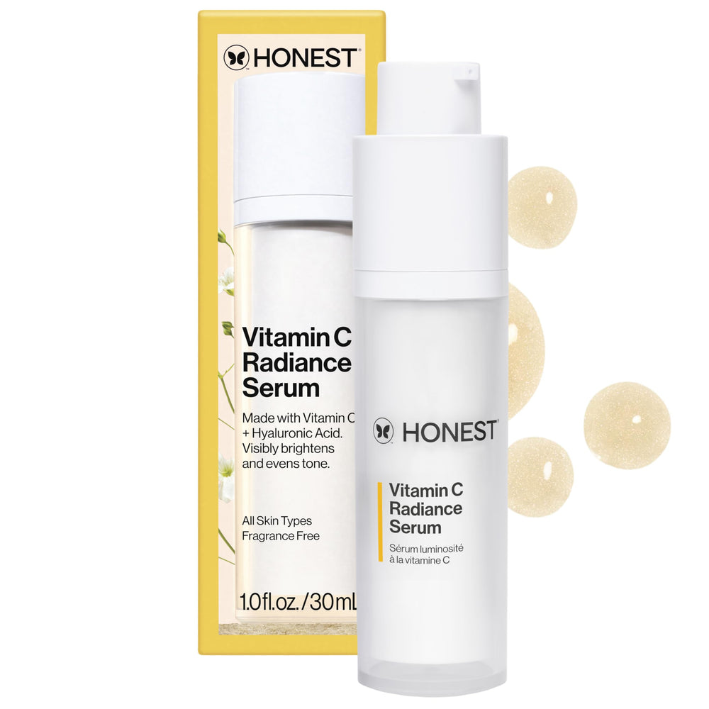 Honest Beauty botella frontal del sérum vitamina C mostrando diseño y volumen