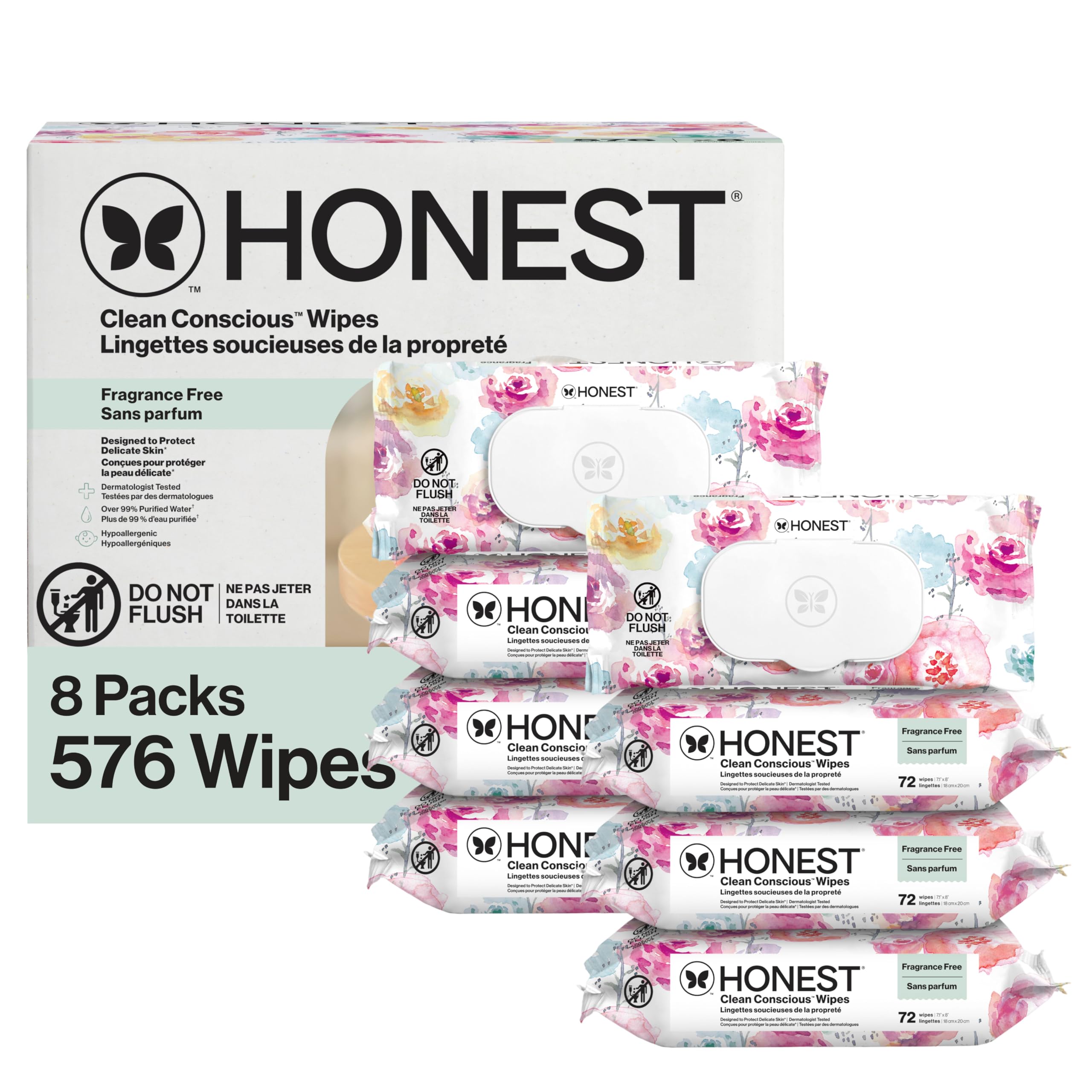The Honest Company front packaging showing rose blossom scent and count benefits
