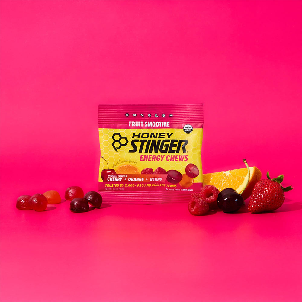 Honey Stinger chews held in hand to show size and quick-portable benefit