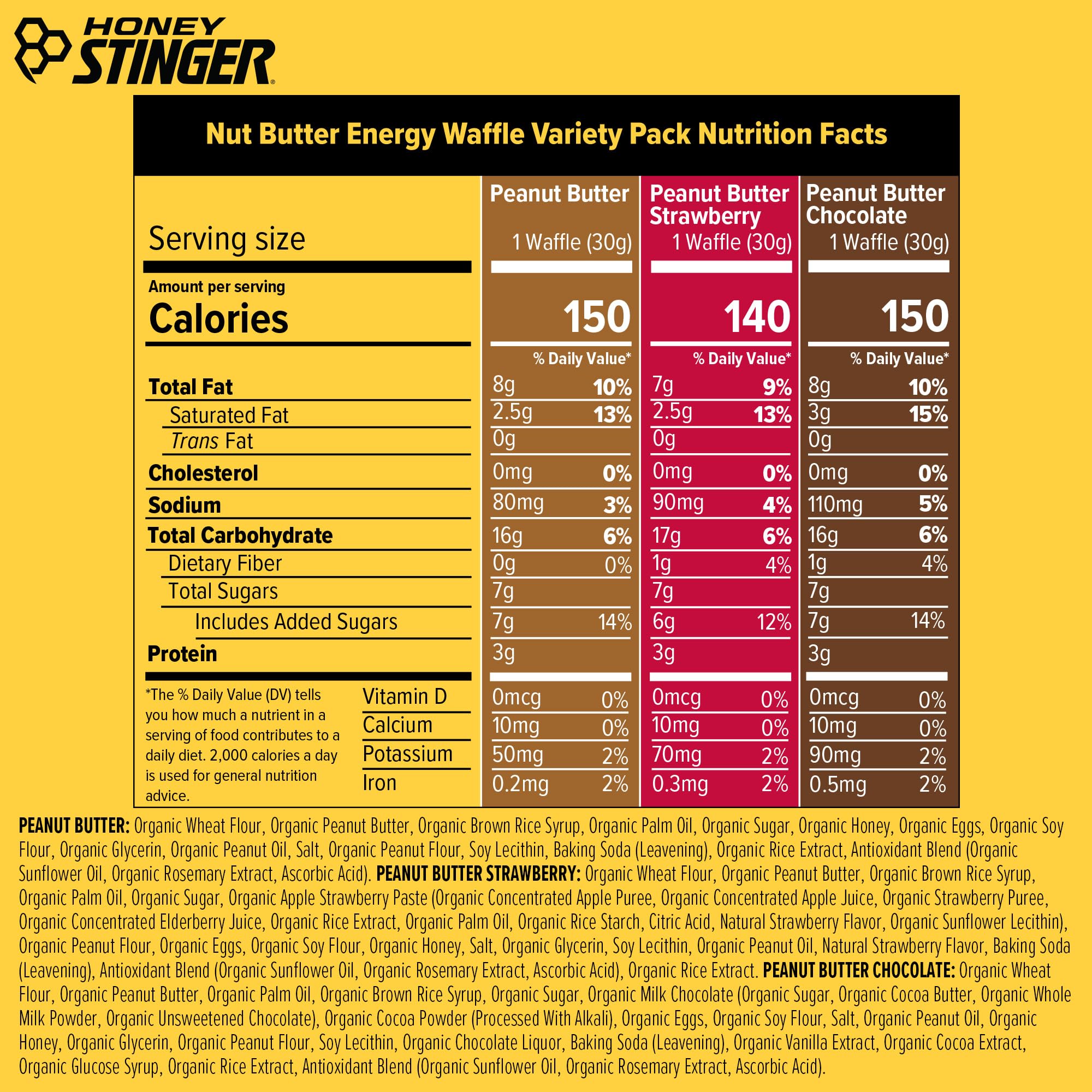 Honey Stinger etiqueta con ingredientes y sello orgánico para confianza