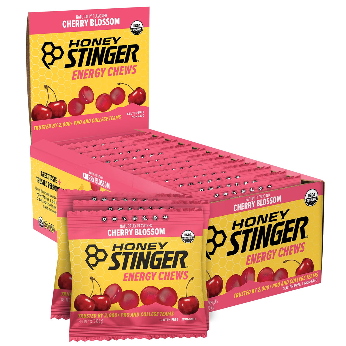 Honey Stinger frente del empaque mostrando caja de 12 unidades y sabor cereza