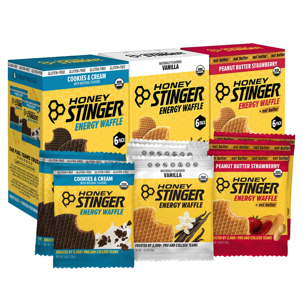 Honey Stinger frente del paquete mostrando variedad y fácil transporte