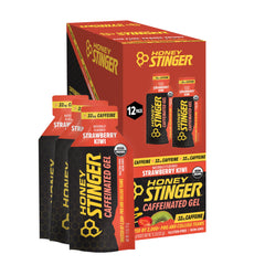 Honey Stinger empaque frontal mostrando caja de 12 geles, práctico y portátil