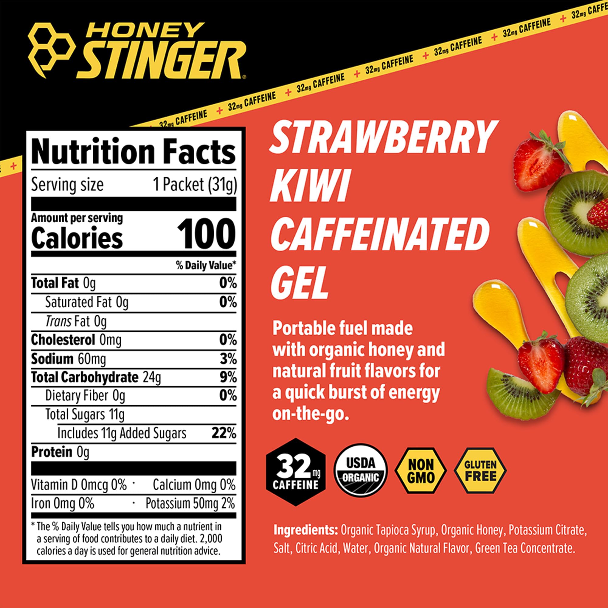 Honey Stinger gel abierto en mano listo para consumir, aporta energía inmediata