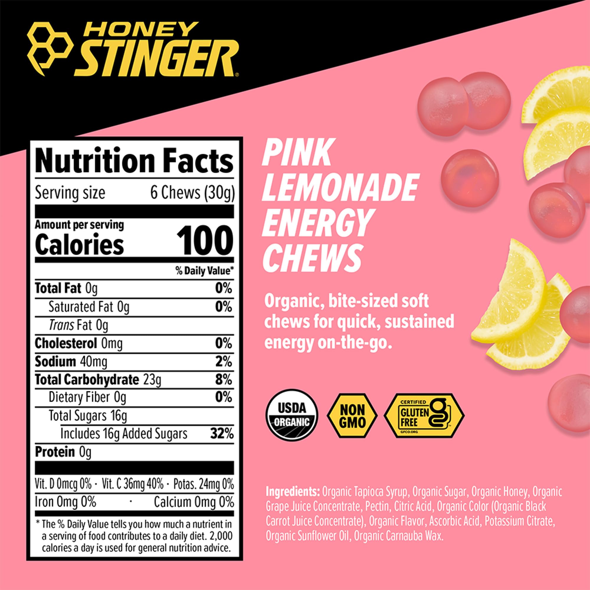 Honey Stinger primer plano de textura del gomoso que facilita la masticación rápida