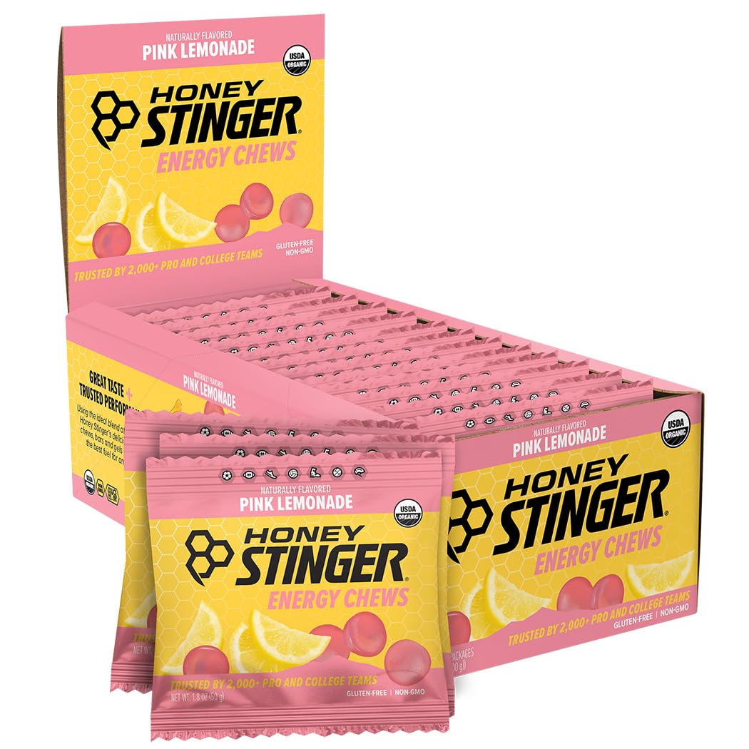 Honey Stinger frente del empaque mostrando sabor Pink Lemonade y beneficio portátil