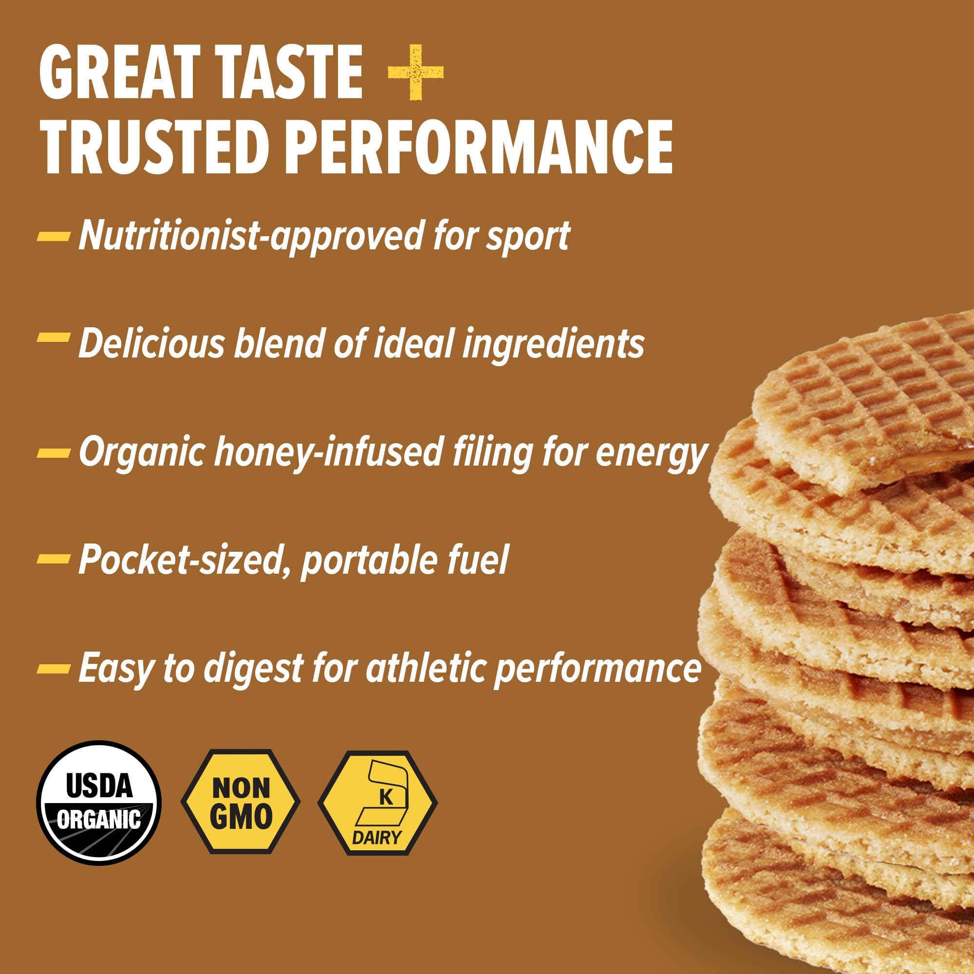 Honey Stinger waffle corte que revela relleno de miel y cacahuate, aporte rápido