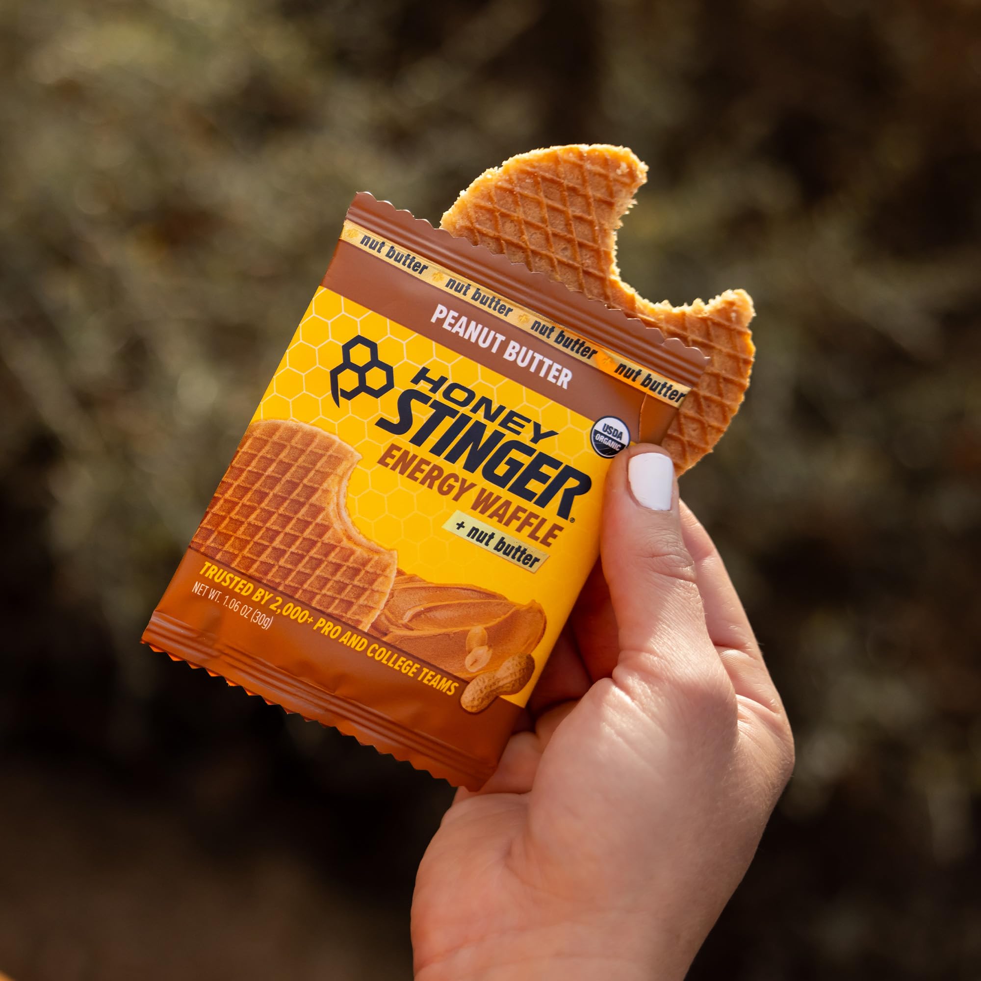 Honey Stinger waffle etiqueta nutricional enfocada, información clara