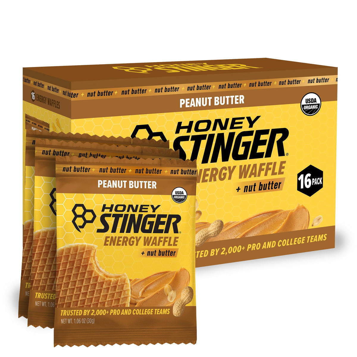 Honey Stinger waffle frontal mostrando el paquete, energía portátil