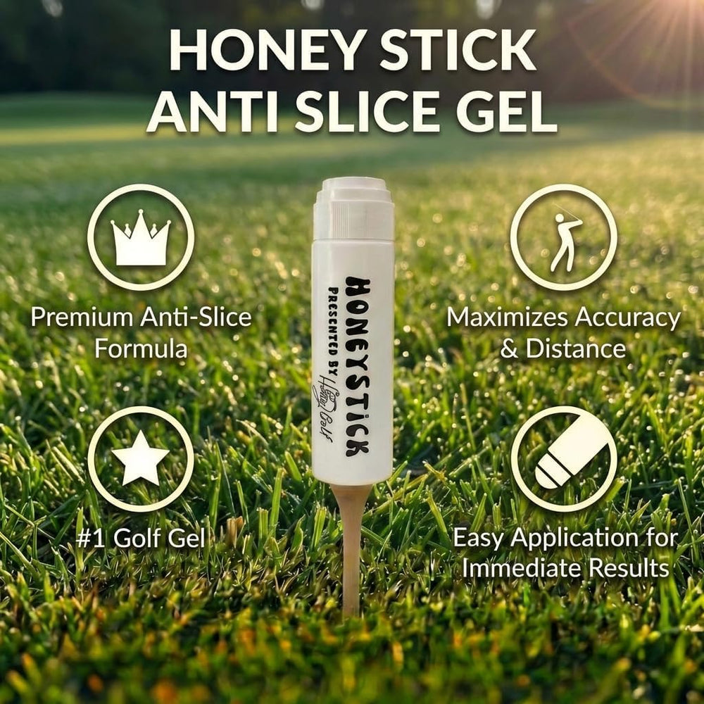 Honey Golf Honeystick next to tee showing compact size and long-lasting value