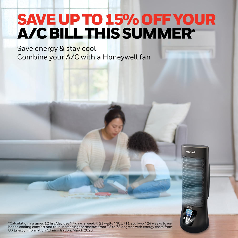 Honeywell ventilador junto a mano para apreciar escala y portabilidad