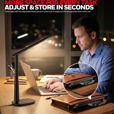 Honeywell lamp next to notebook showing scale and workspace compatibility