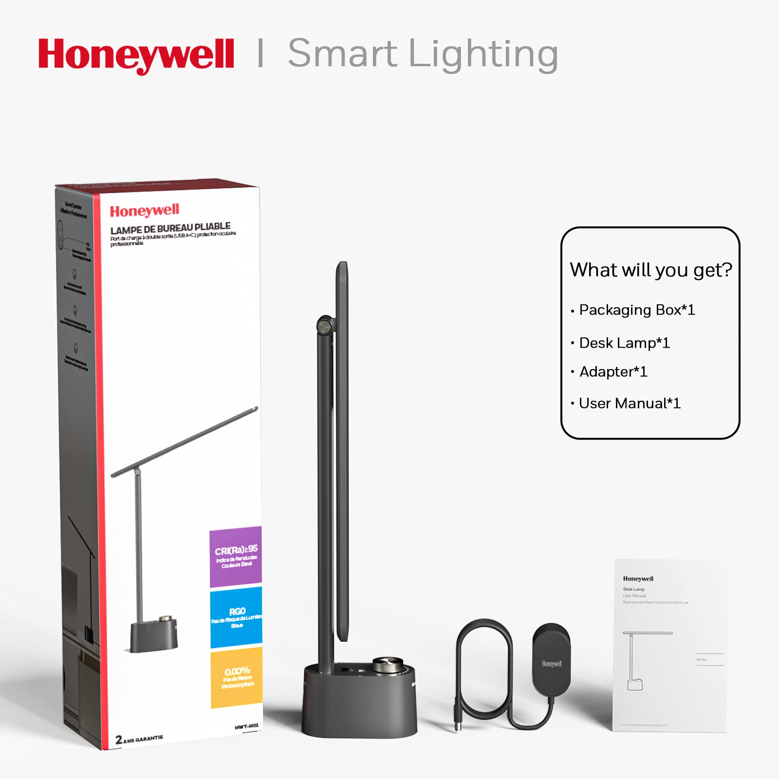 Honeywell lamp beside laptop showing scale and workspace fit benefit
