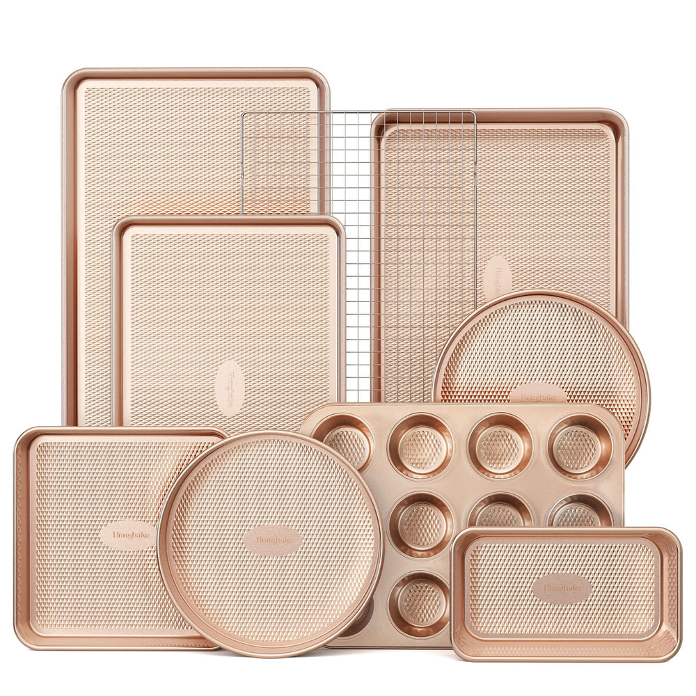 HONGBAKE half sheet pan front view showing durable gold finish and quick even baking