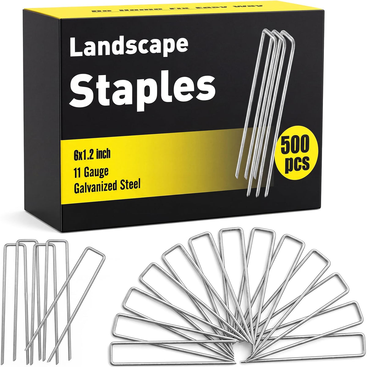 HongWay front packaging showing 500-pack of 6-inch galvanized garden staples and clear labeling for quantity