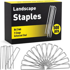 HongWay front packaging showing 500-pack of 6-inch galvanized garden staples and clear labeling for quantity