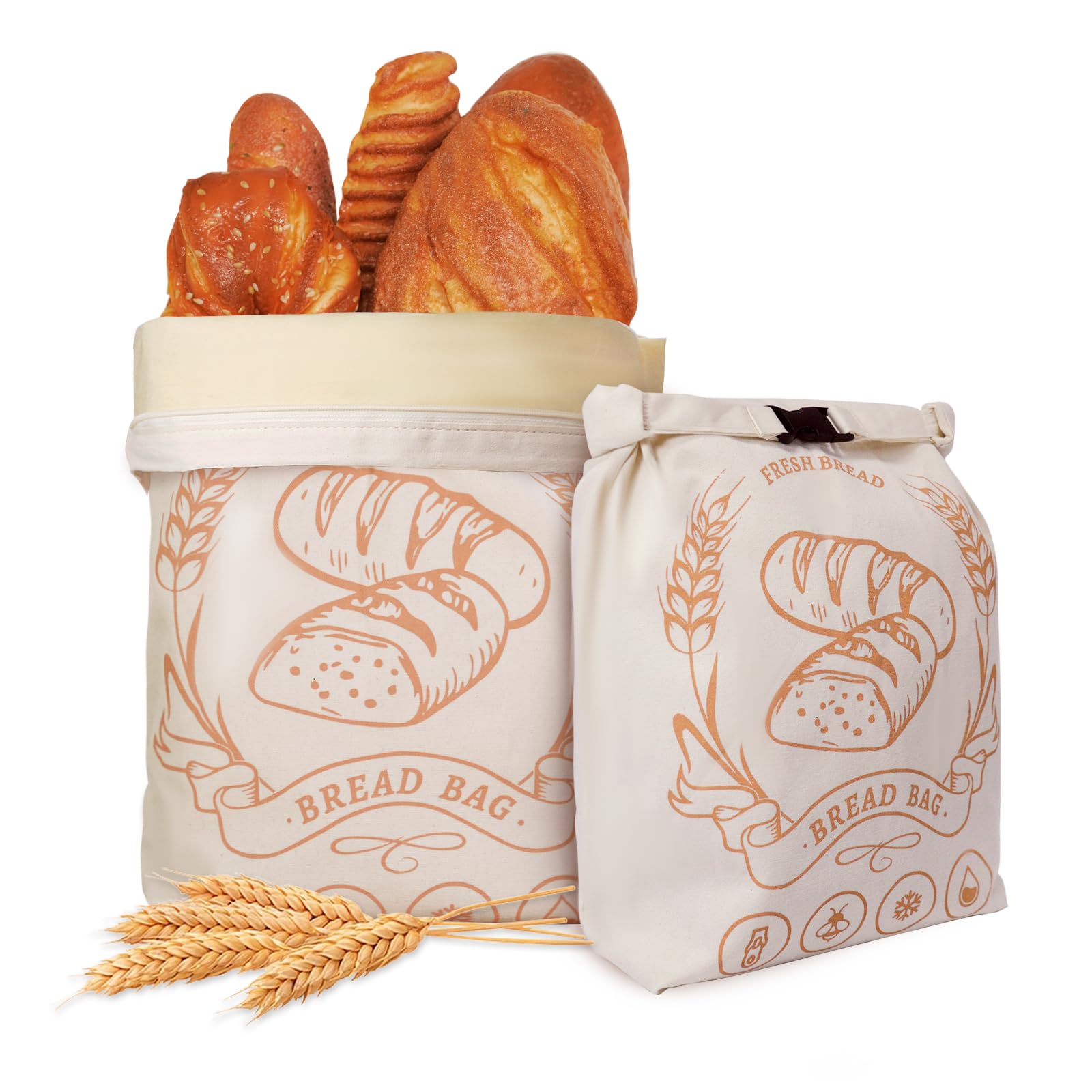 honiitaa front view of two off-white beeswax bread bags, durable storage benefit