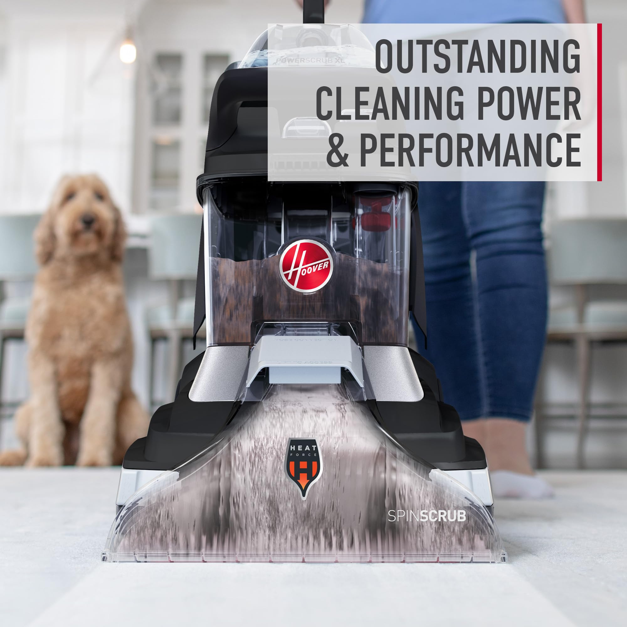 Hoover cleaner machine using solution on carpet showing benefit deep stain removal