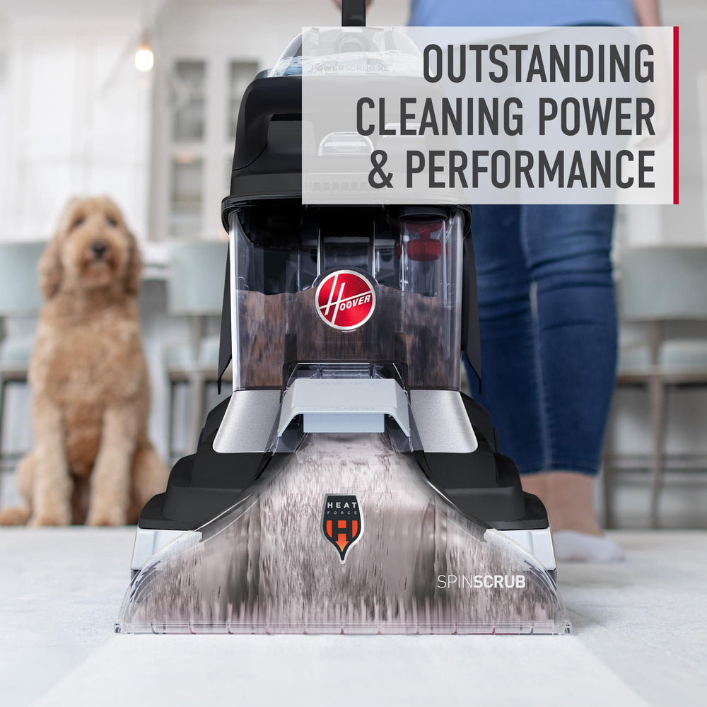 Hoover cleaner machine using solution on carpet showing benefit deep stain removal