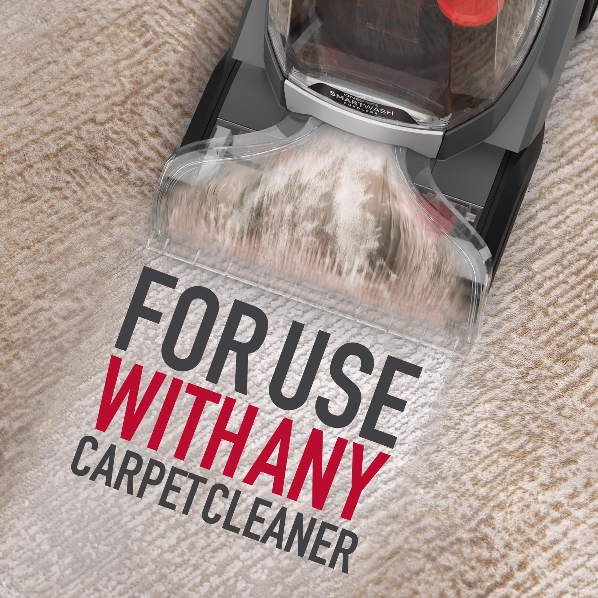Hoover product staged in living room conveying fresh scent and clean carpets