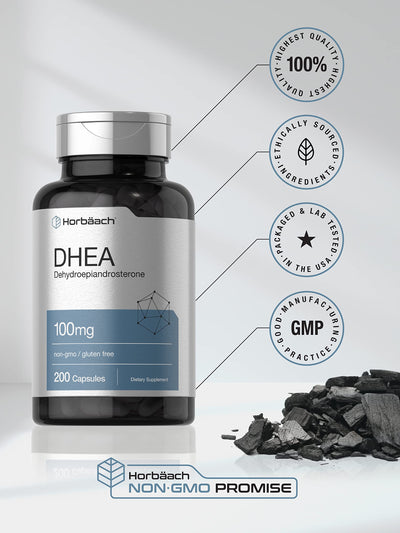 Horbäach etiqueta de ingredientes de DHEA mostrando información de pureza y alérgenos