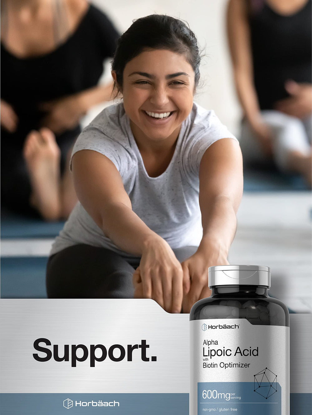 Horbäach etiqueta nutricional mostrando 600 mg ALA y 999 mcg biotina