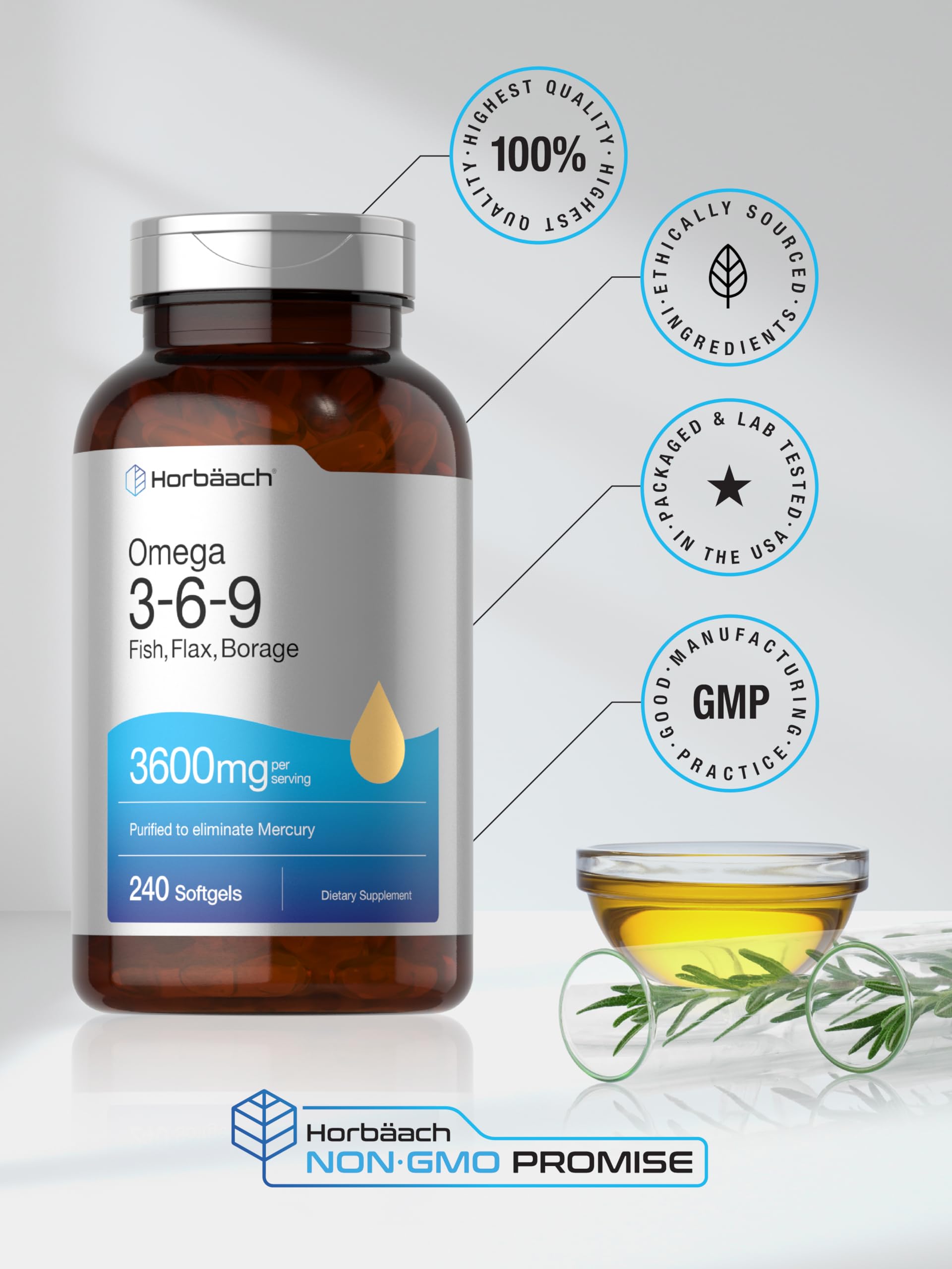 Horbäach softgels beside fish flax borage illustrating blended omega sources