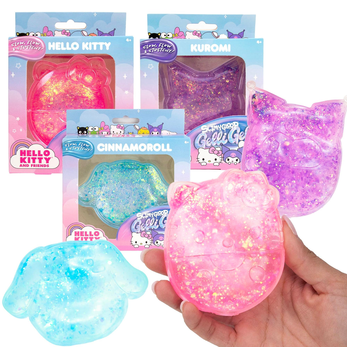 Horizon Group USA frontal del pack Hello Kitty Gelli Gels mostrando las tres figuras y atrae por su diseño