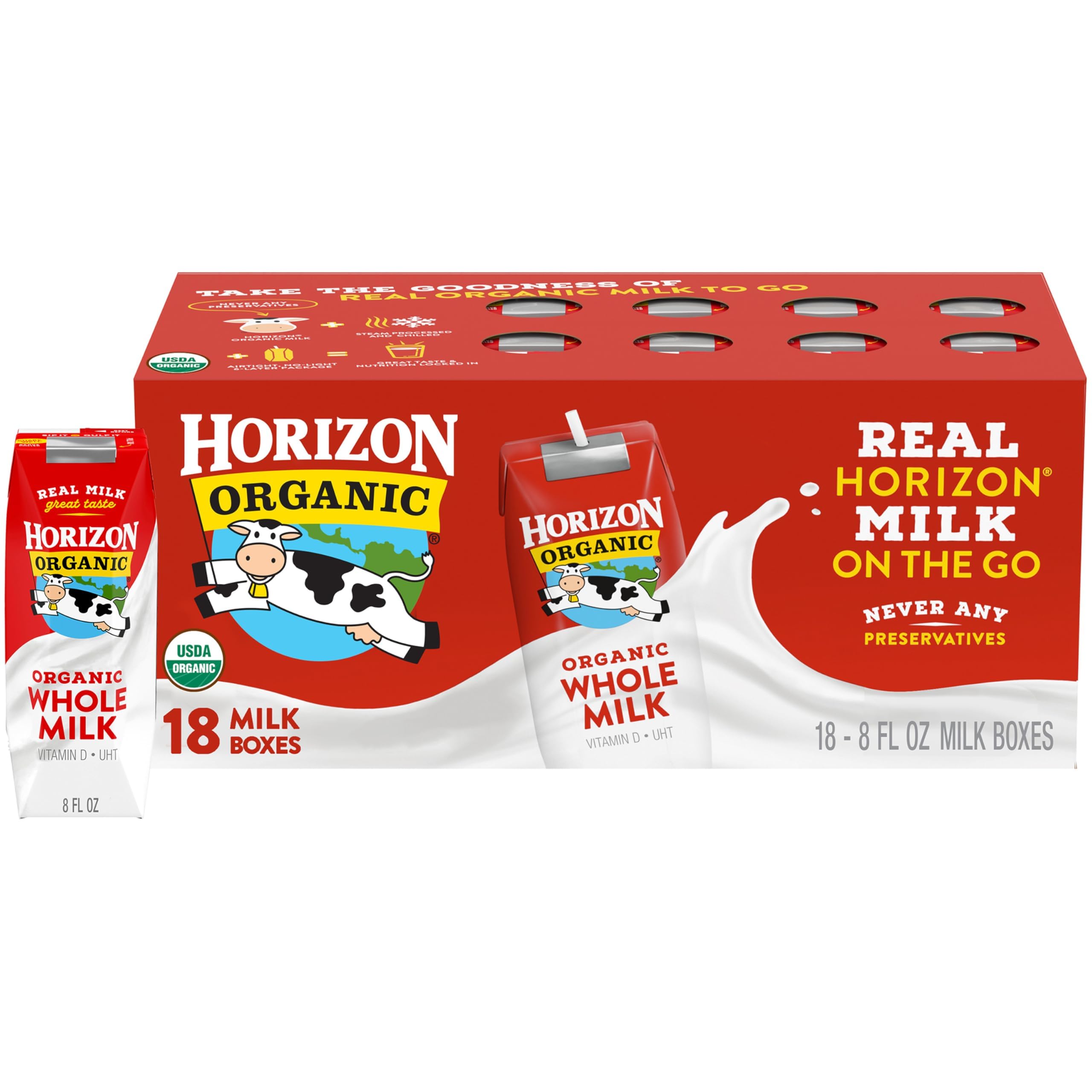 Horizon Organic frente del empaque mostrando portabilidad y sello orgánico