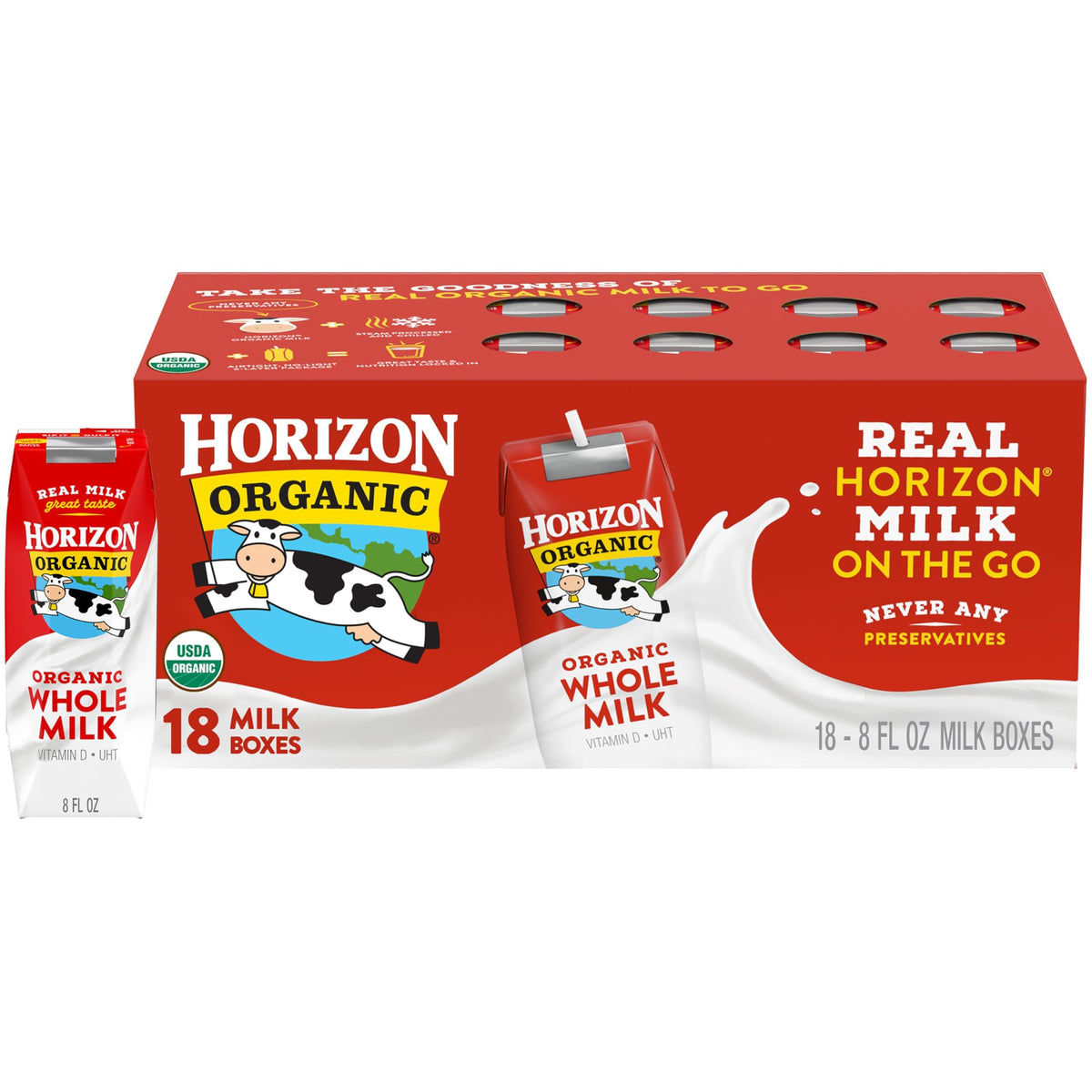 Horizon Organic frente del empaque mostrando portabilidad y sello orgánico