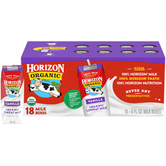 Horizon Organic vista frontal del pack de 18 cajas fácil para llevar