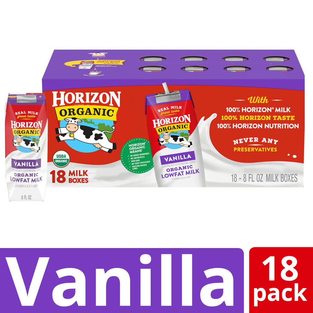 Horizon Organic leche de vainilla vertida en vaso textura cremosa y sabor