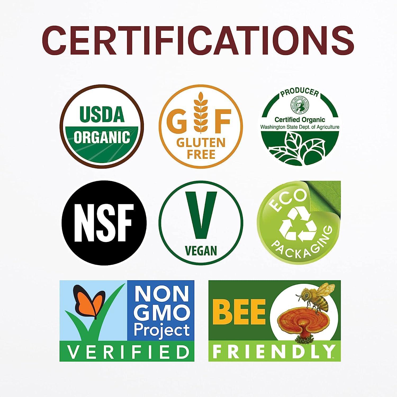 Host Defense sellos de certificación orgánica y sin gluten visibles